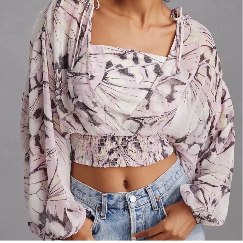 Anthropologie Sheer Cropped Puff Sleeve Abstract Print Top S‎